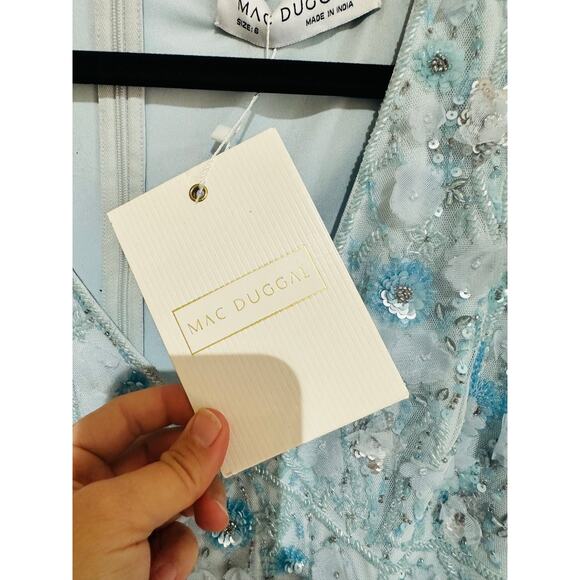 NWT MAC DUGGAL Powder Blue Embellished V-Neck Empire Waist Ruffle Hem Gown 6 - Picture 12 of 14